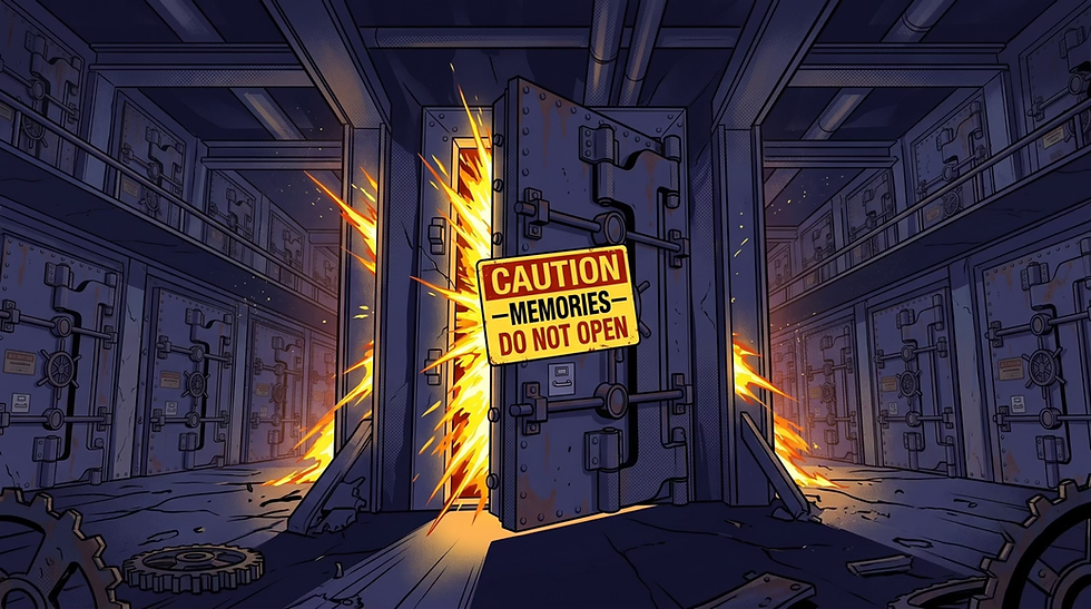 Healing: Why So Messy and Painful? A heavy industrial vault slightly ajar, spilling chaotic glowing energy, with a warning label reading 'CAUTION—MEMORIES—DO NOT OPEN'. Pop-art style illustration for the trauma therapy podcast at Visions Counseling & Education in Boise.