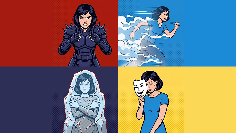 Adaptation illustrated by a 4-square quadrant grid showing the exact same woman from the waist up manifesting four trauma responses: a spiked defensive shell, a vanishing smoke silhouette, a frozen ice statue, and an accommodating figure holding a smiling mask. Pop-art style illustration for the trauma therapy podcast at Visions Counseling & Education | CBRS in Boise.