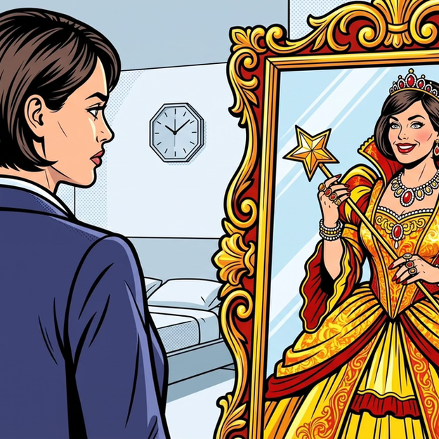 A woman in a business suit looking into a mirror and seeing her reflection as a princess. Pop-art style illustration for the trauma therapy podcast at Visions Counseling & Education | CBRS in Boise.