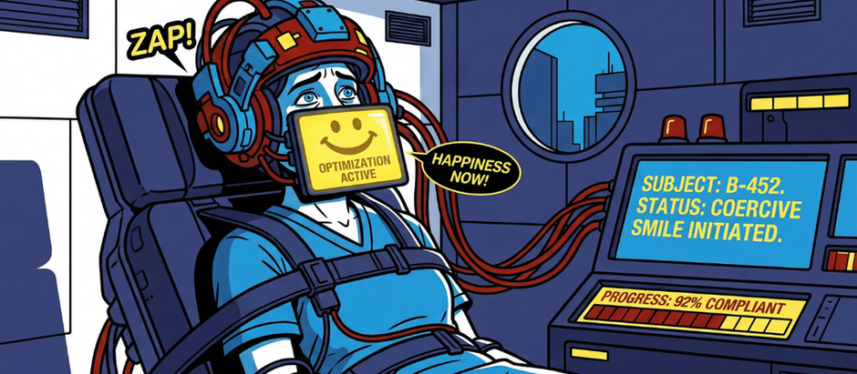 Forced therapy clinical concepts depicted with a woman restrained to a chair connected to technology that is forcing her to be happy. Pop-art style illustration for the trauma therapy podcast at Visions Counseling & Education in Boise.