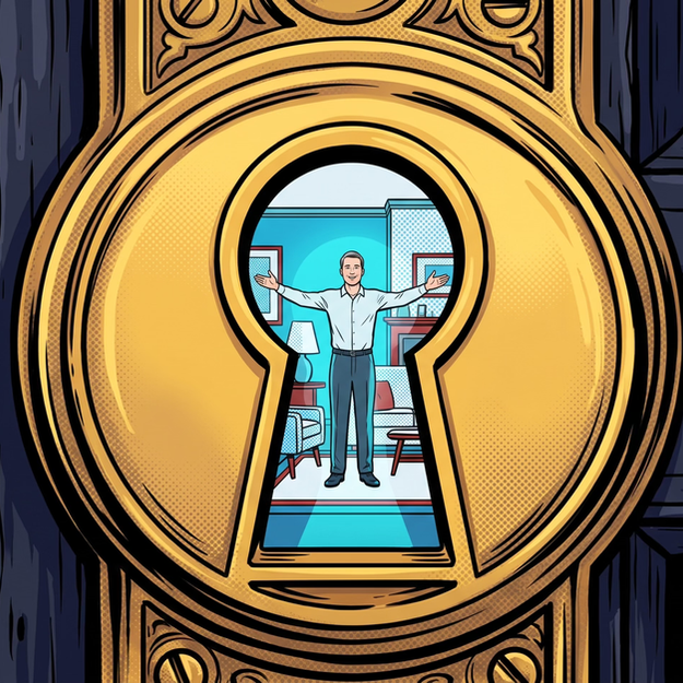 Boundaries and emotional access depicted through an extreme macro perspective of an antique brass keyhole revealing a person with open, welcoming arms inside a secure room. Pop-art style illustration for the trauma therapy podcast at Visions Counseling & Education | CBRS in Boise.