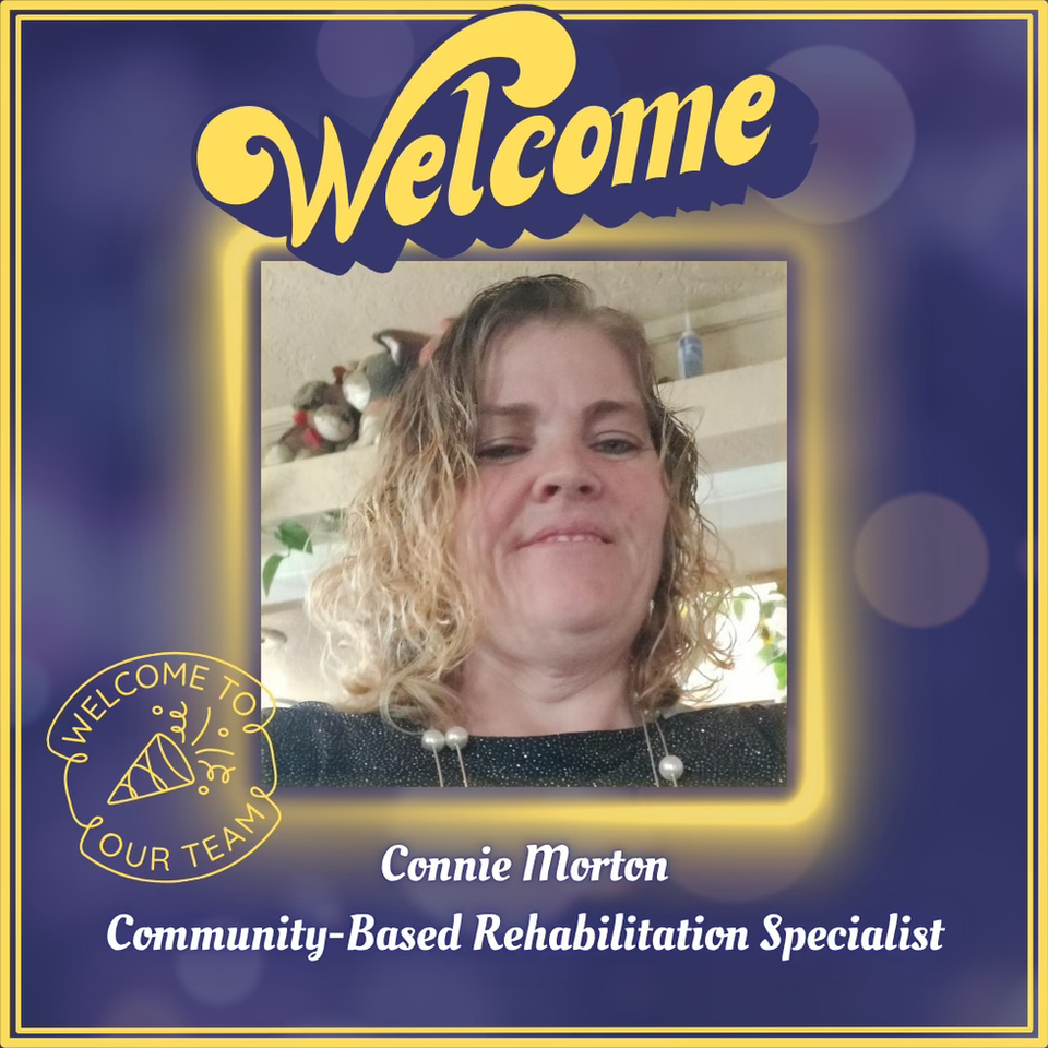 Portrait of Connie Morton, CBRS with welcome to the team message and bokeh background.