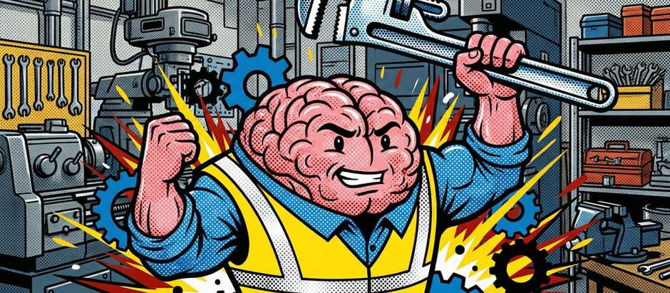 Vocational resilience and brain health depicted through a muscular brain in a high-vis vest punching a time clock. Pop-art style illustration for the trauma therapy podcast at Visions Counseling & Education in Boise.