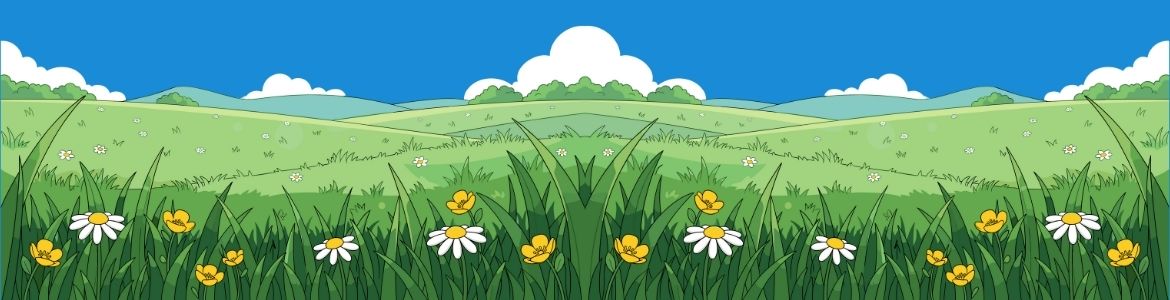 Peaceful illustration of a grassy hillside and blue sky with clouds. Field of dreams.