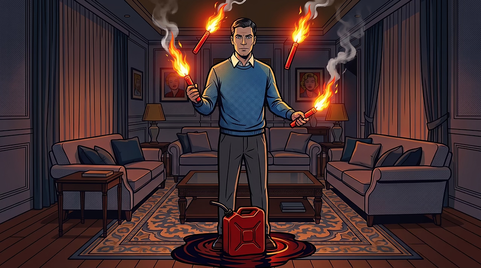 Chaos and the psychological concept of hypervigilance where peace feels like a threat, illustrated by a man with a deadpan expression juggling lit road flares while standing in a puddle of gasoline with a jerrycan labeled GASOLINE at his feet. Pop-art style illustration for the trauma therapy podcast at Visions Counseling & Education | CBRS in Boise.