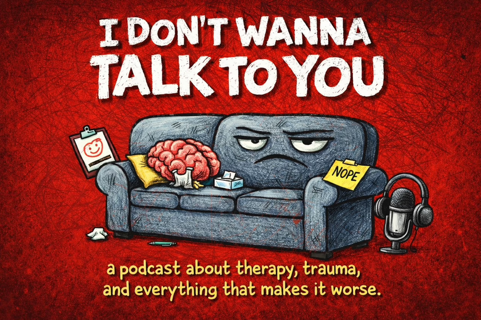 Illustration of a grumpy couch that doesn't wanna talk. 