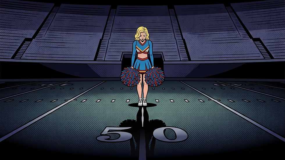 Social exclusion and adjustment disorder represented by a solitary cheerleader standing on the 50-yard line of a massive, dark, and empty stadium under a single dim spotlight, illustrating the isolating quiet after you stop performing for others. Pop-art style illustration for the trauma therapy podcast at Visions Counseling & Education | CBRS in Boise.