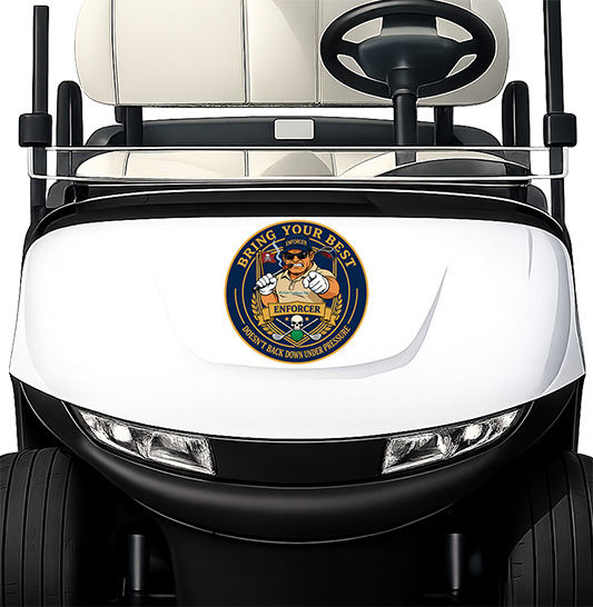 Bringing Your Best Enforcer with cigar navy blue golf cart decals displayed on front cowl with premium finish