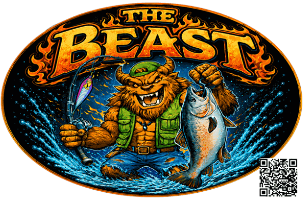 The Beast™ fishing stickers custom boat decals featuring a fierce beast holding a trophy fish and fishing rod in an oval desi