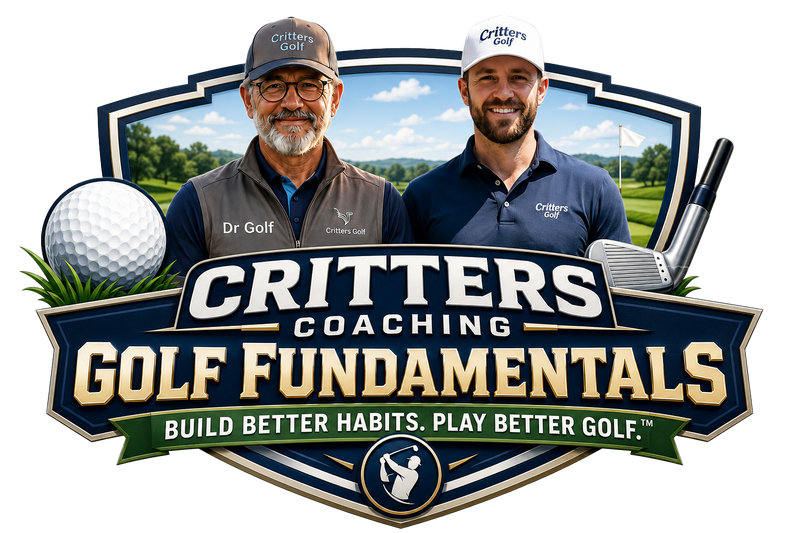 Critters Coaching Golf Fundamentals logo featuring Dr. Golf and Tommy Fairway teaching golfers to build better habits and play better golf.