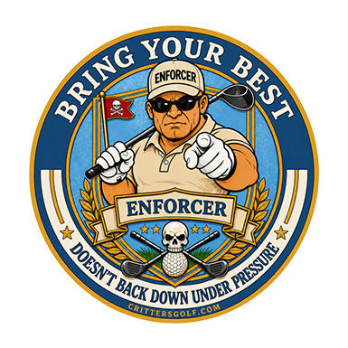 Thumbnail: Bring Your Best™ Enforcer Light Blue flat graphic golf cart decal with bold golfer artwork and premium UV DTF finish.