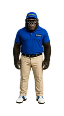 Grippy the Gorilla, Critters Golf's Grip Specialist, standing front-facing in a blue Critters Golf polo and cap, khaki pants, and golf shoes, ready to teach the proper golf grip, including the interlock, overlapping, and 10-finger golf grips.