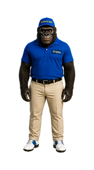 Grippy the Gorilla, Critters Golf's Grip Specialist, standing front-facing in a blue Critters Golf polo and cap, khaki pants, and golf shoes, ready to teach the proper golf grip, including the interlock, overlapping, and 10-finger golf grips.