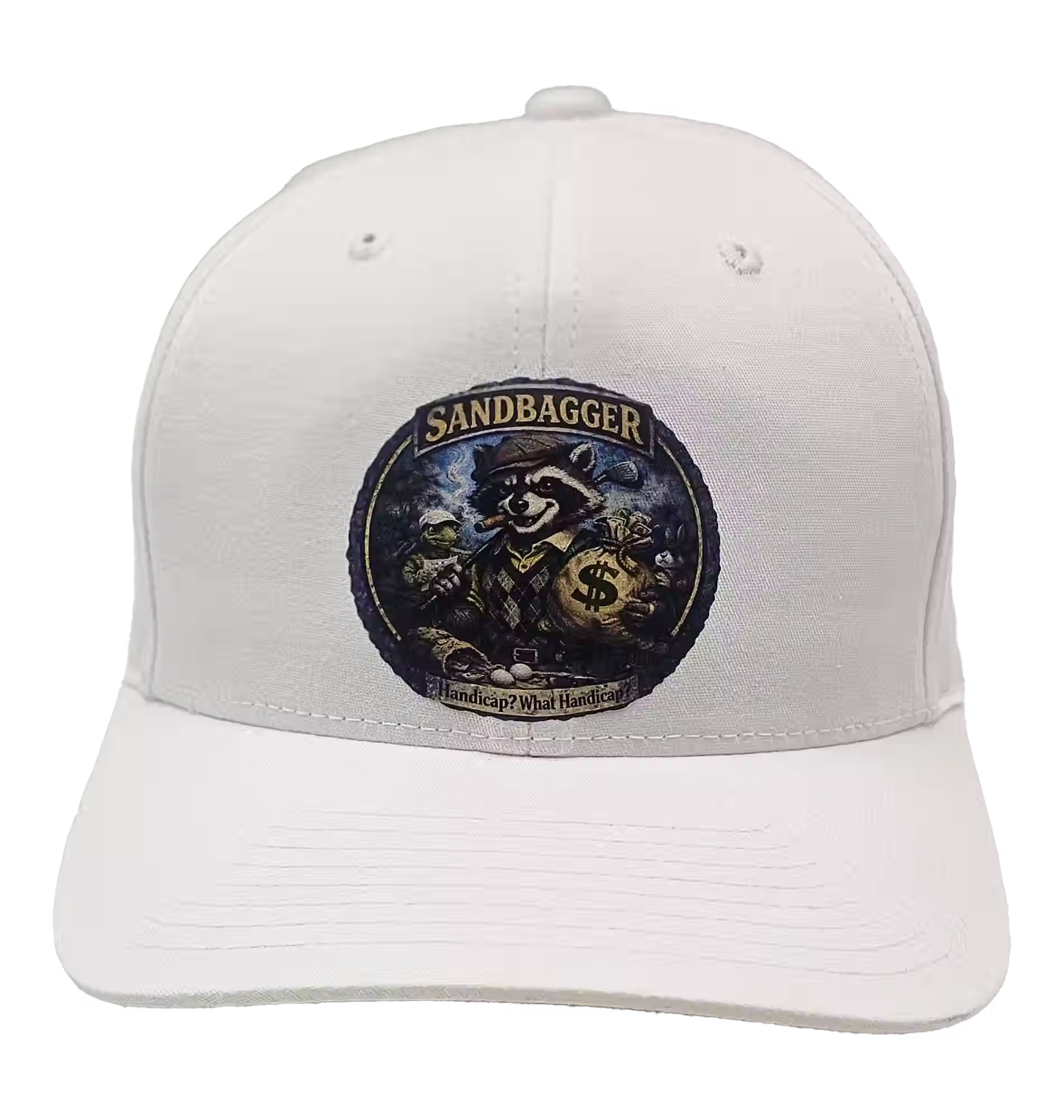 Sandbagger “What Handicap” Golf Hat for Men – White Flexfit Stretch Fit Cap, Fun