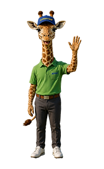 Jeffrey the Giraffe, the Critters Golf Course Management Coach, smiling and waving with his left hand while standing in a welcoming pose. This lifelike giraffe wears a blue Critters Golf cap, green golf polo, gray pants, and white golf shoes, representing smart golf strategy, course management, and confident decision-making from tee to green.
