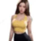 Fitness-style sex doll Mika in gym setting wearing yellow crop top, showcasing toned chest and arms