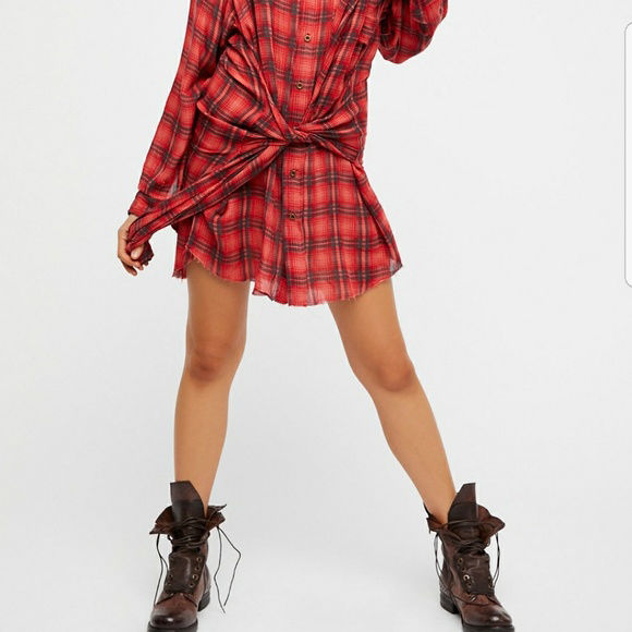 Thumbnail: free people red plaid 90's grunge tie front shirt dress S