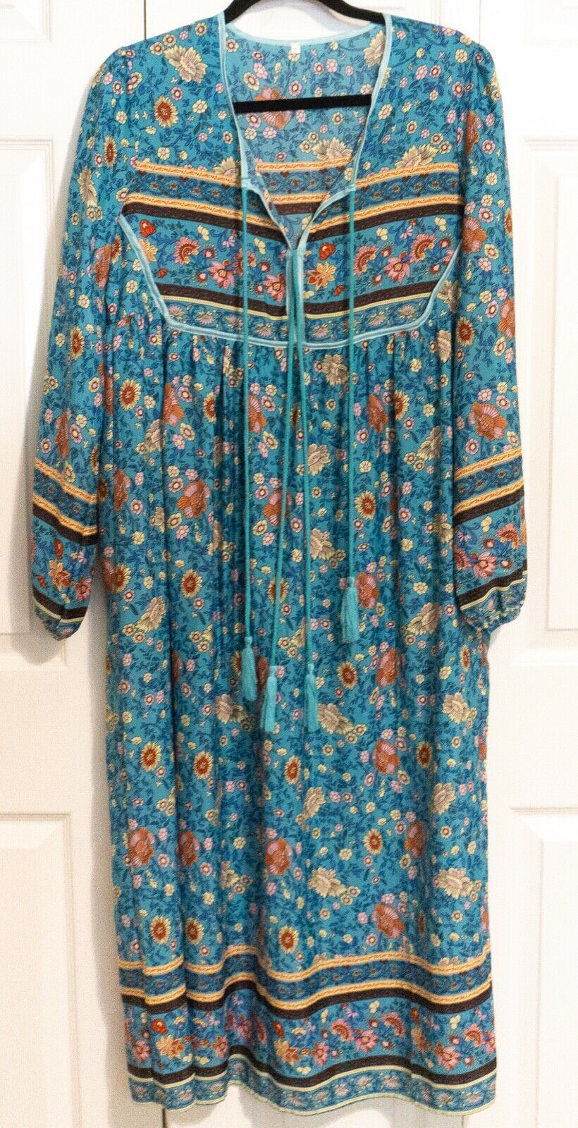 Thumbnail: NEW floral teal vintage style kaftan hippie dress tassels S