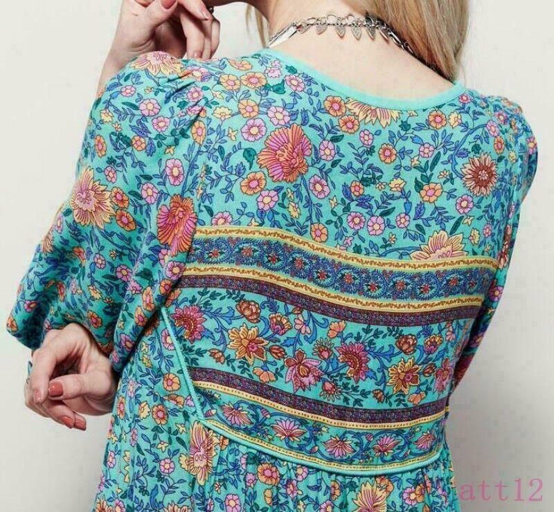 Thumbnail: NEW floral teal vintage style kaftan hippie dress tassels S