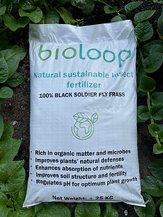 An eco-friendly bag of organic frass, rich in nutrients and perfect for natural soil enrichment. The bag features a label highlighting its sustainable production and benefits for plant growth.