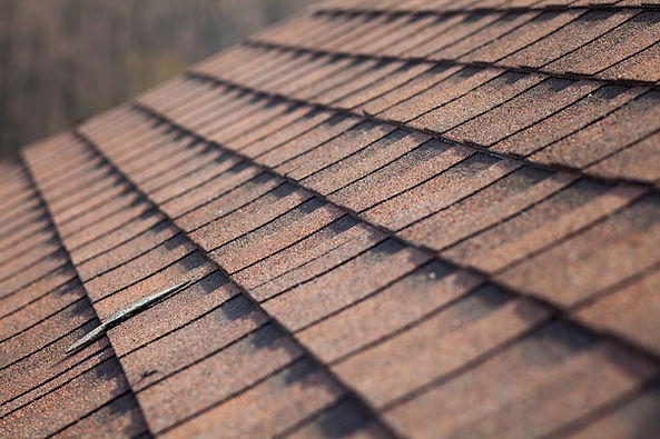 Close-up of a textured asphalt roof with overlapping shingles in earthy tones