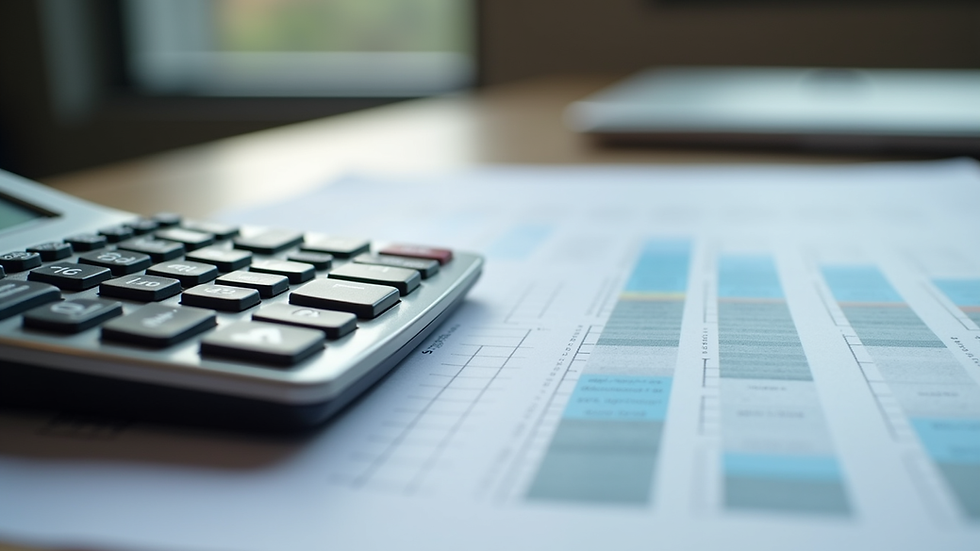Close-up view of a calculator and financial report on a desk