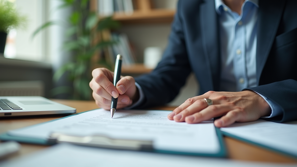 Eye-level view of business owner reviewing loan documents