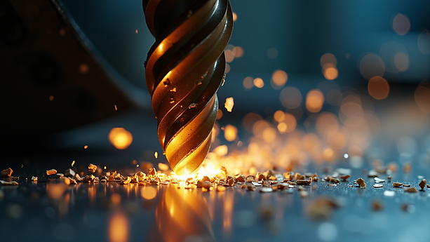 Vertical drill bit at a precision machine shop creating sparks and metal shavings during a high-speed drilling process.