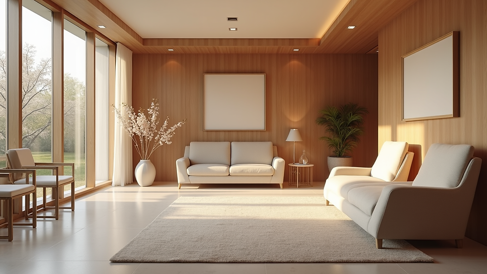 High angle view of a serene medspa waiting area with comfortable seating