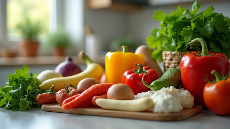 Close-up of fresh vegetables and healthy foods in a kitchen