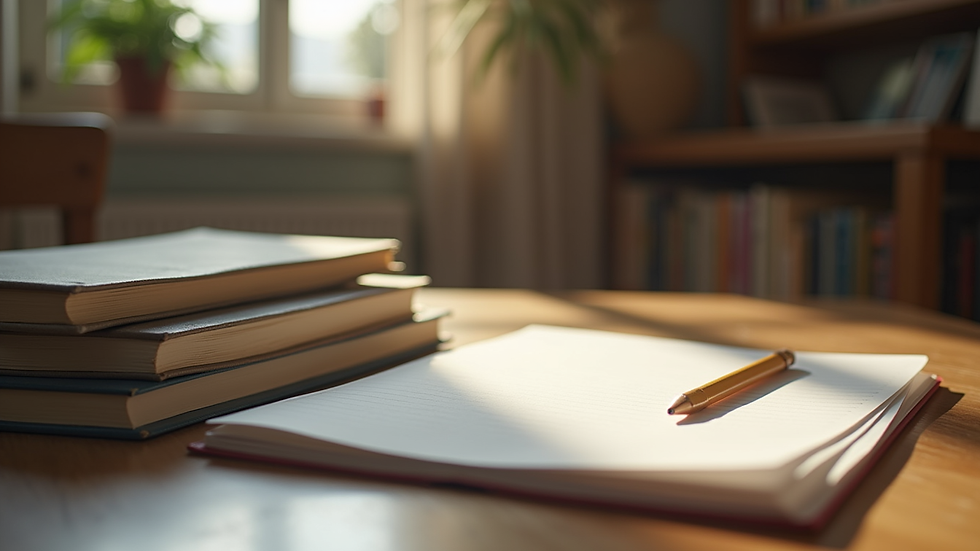 Eye-level view of a serene study space with books and a notepad