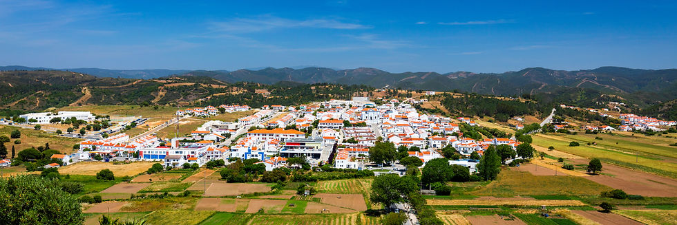 Charming architecture of hilly Aljezur, Algarve, Portugal. View to the small town of Aljez