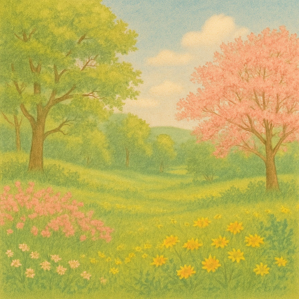 Peaceful spring landscape with blooming flowers and soft sunlight, evoking calm and connection with nature
