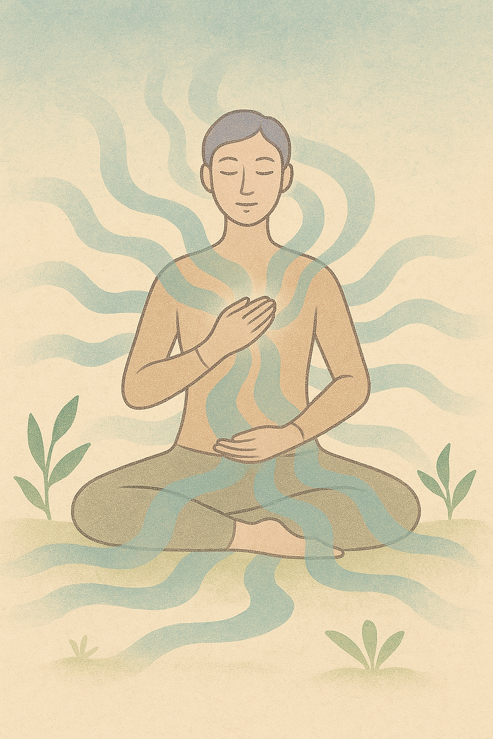 A calming digital illustration of a person sitting peacefully with gentle waves of energy flowing downward through the body, symbolizing stress release and nervous system regulation through practices like TRE® and Somatic Experiencing.