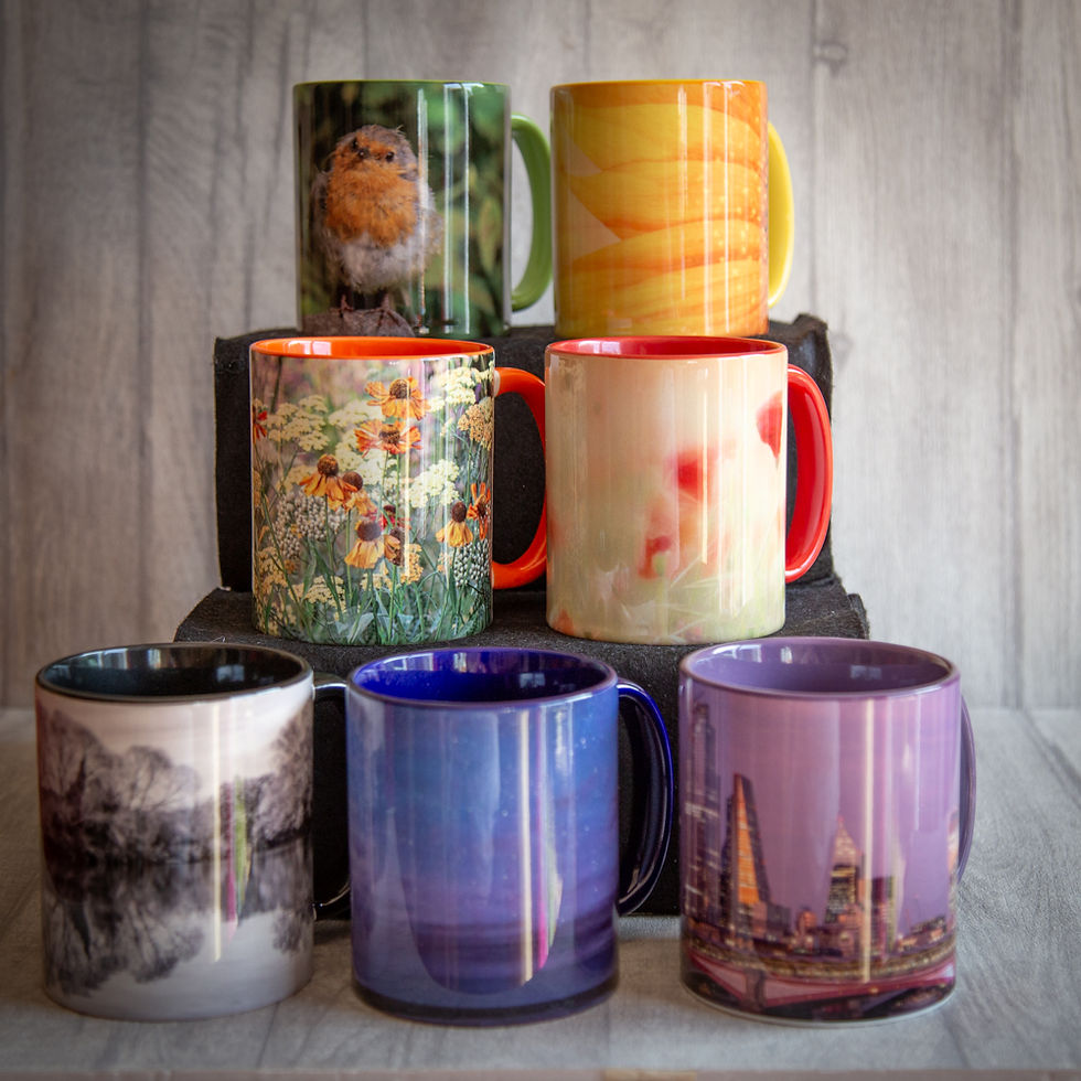 Bright and colourful 11oz mugs, showing casing photographic images by Creativecarole.