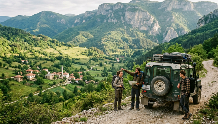 Eye-level view of travellers standing beside a Jeep in the Rhodope Mountains