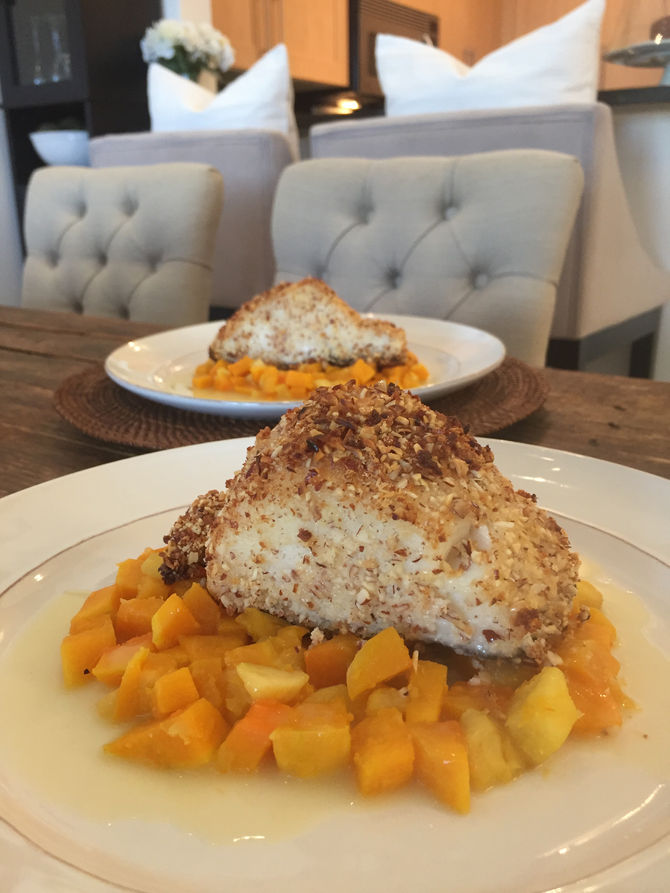 Almond Crusted Chilean Sea Bass with Butternut Squash & Apple Hash