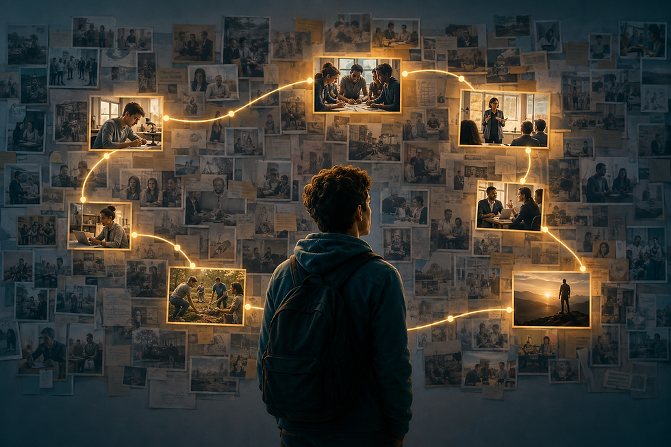 A college-aged learner stands before a wall of photographs and notes from academic, work, leadership, and community experiences. Glowing lines connect selected images, showing how reflection helps the learner recognize patterns and turn experience into evidence of capability.