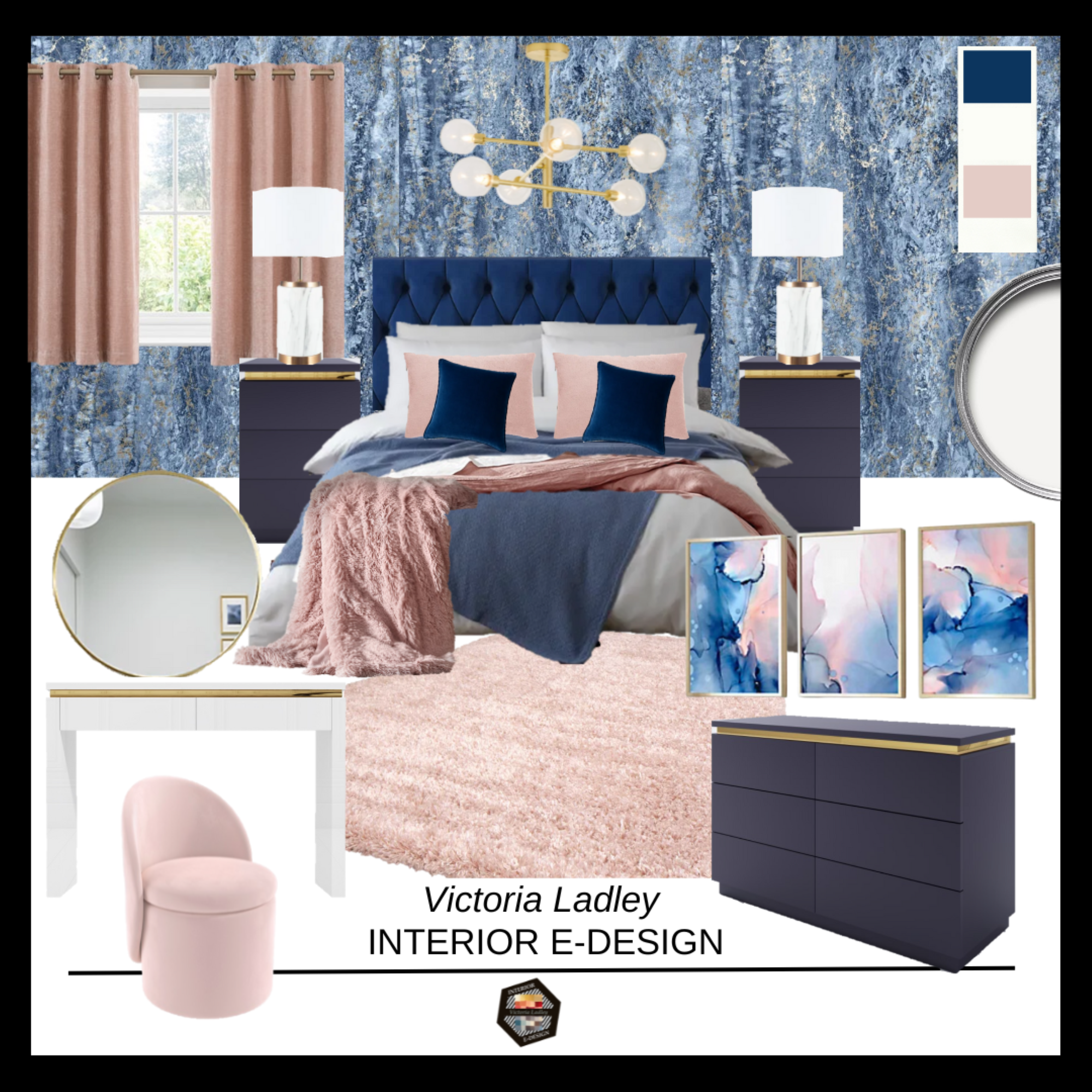 Blue/Pink Predesigned Bedroom with Clickable Shopping List.