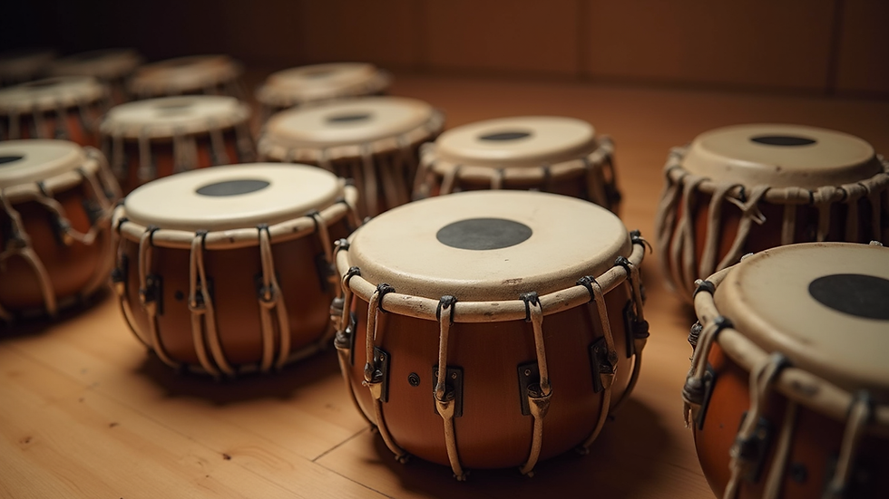 Eye-level view of tabla drums arranged on a wooden floor