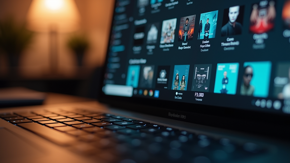 Close-up view of a laptop screen showing a music library interface