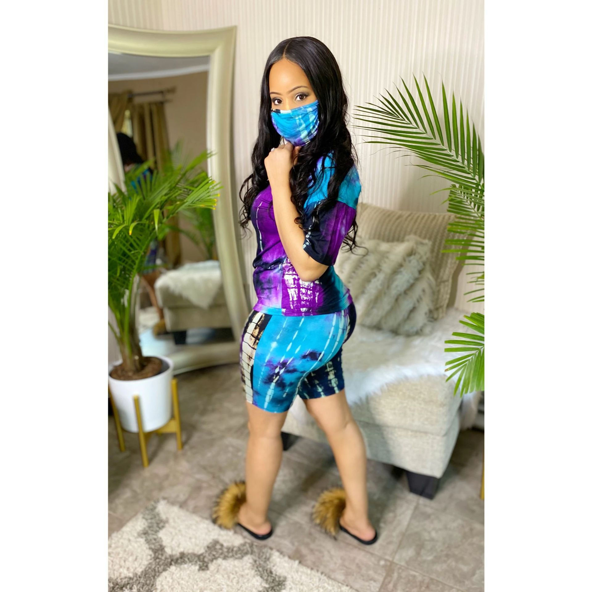 Tie Dye Women Two Pieces  Crop Top and Biker Shorts Set (Navy)