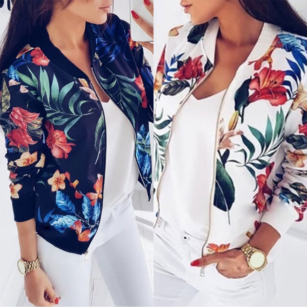 Autumn Women New Fashion Slim Floral Zipper Long Sleeve Short Coat