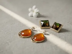 Zwei Paar Ohrringe im Frühling-Stilllife mit Blüte und Lichtstrahl auf Steinfläche, Avirelle.