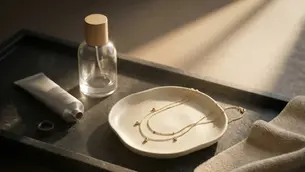 Zarte Kette in Schmuckschale neben Parfumflakon und Handcreme im warmen Lichtstrahl, Avirelle.