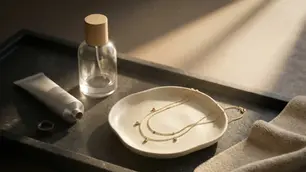 Zarte Kette in Schmuckschale neben Parfumflakon und Handcreme im warmen Lichtstrahl, Avirelle.