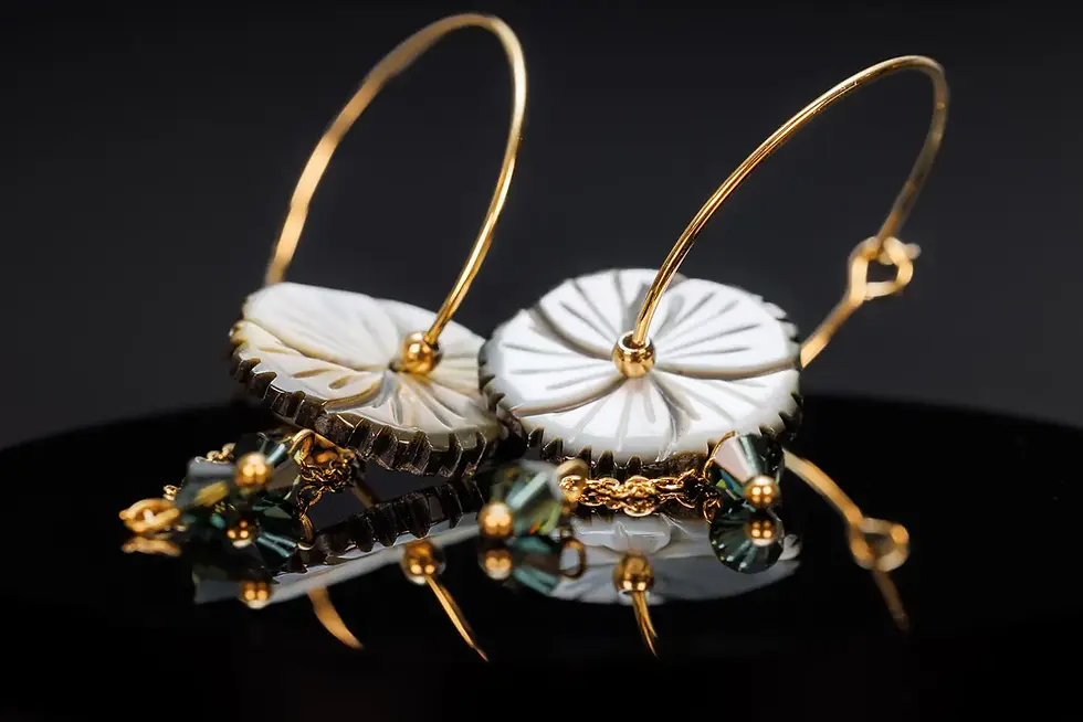 Zarte Creolen mit geschnitzter Perlmuttblume und goldfarbenem Reif – elegante Nahaufnahme von vorne.