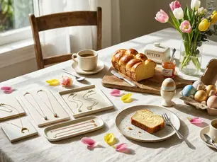 Osterbrunch am Fenster: mehrere Ketten auf Keramikplatten, Eier, Brot und Tulpen im Licht für Ordnung ohne Knoten. Avirelle.