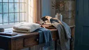Winterlicher Flur: Mantel, Schal und Strickpullover auf Holzkonsole im Fensterlicht, stimmungsvolle Textur. Avirelle.