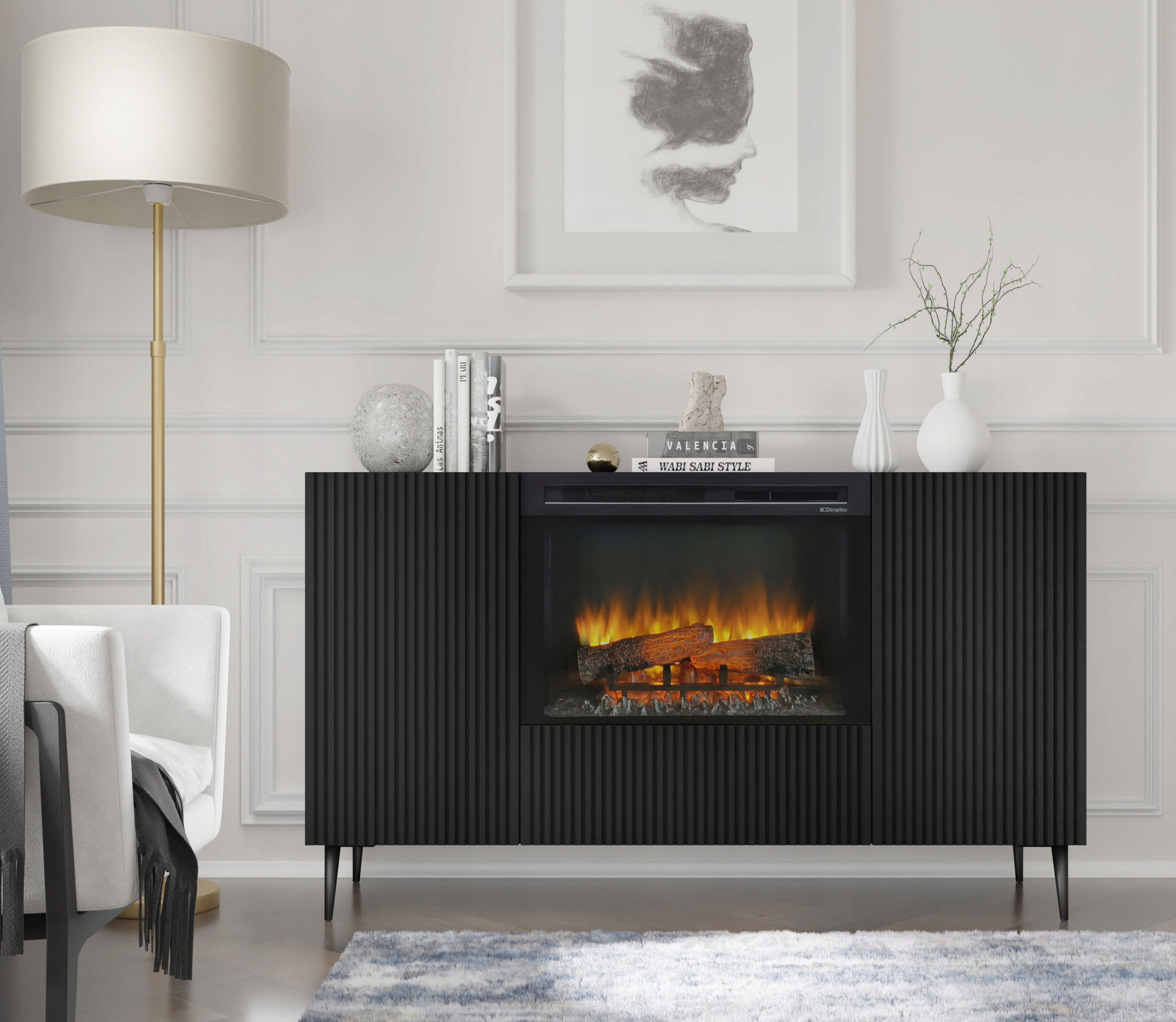 Cabinet with fireplace & heating 147cm black FILIP